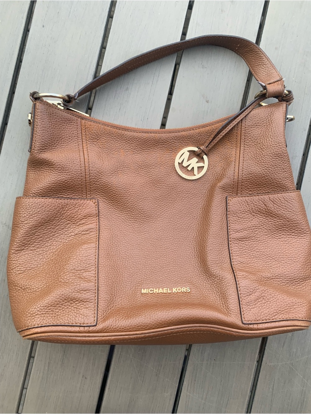 Michael Kors Tan Pebbled Leather Shoulder Hobo with Gold Hardware